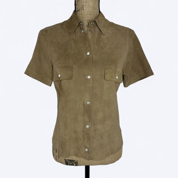Michael Kors Brown Suede Top Sz S? Pearl Snap Short Sleeve Italy Quiet Luxury - Picture 1 of 16